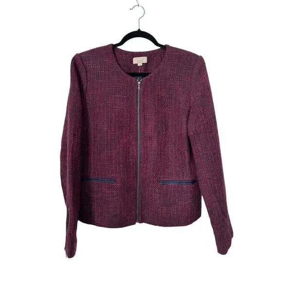 LOFT Blazer Womens Size 10 Burgundy Blue Wool Tweed Collarless Full Zip Jacket - Picture 6 of 12